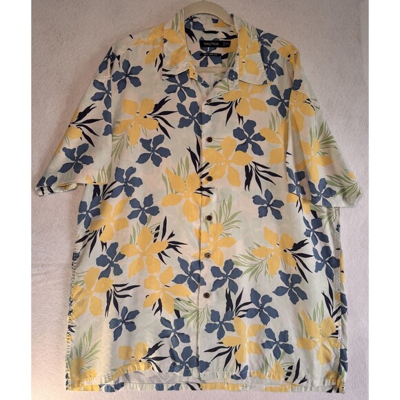 Nautica Easy Care Silk Men Size‎ 2XL Floral Short Sleeve Hawaiian Casual Shirt - Picture 1 of 9
